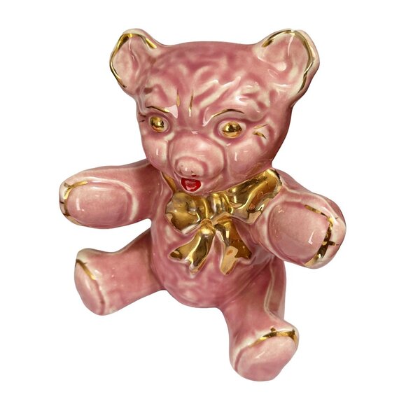 Vintage Pink Teddy Bear Bank with Gold Accents by Pearl China Co. Kitsch - Picture 4 of 9